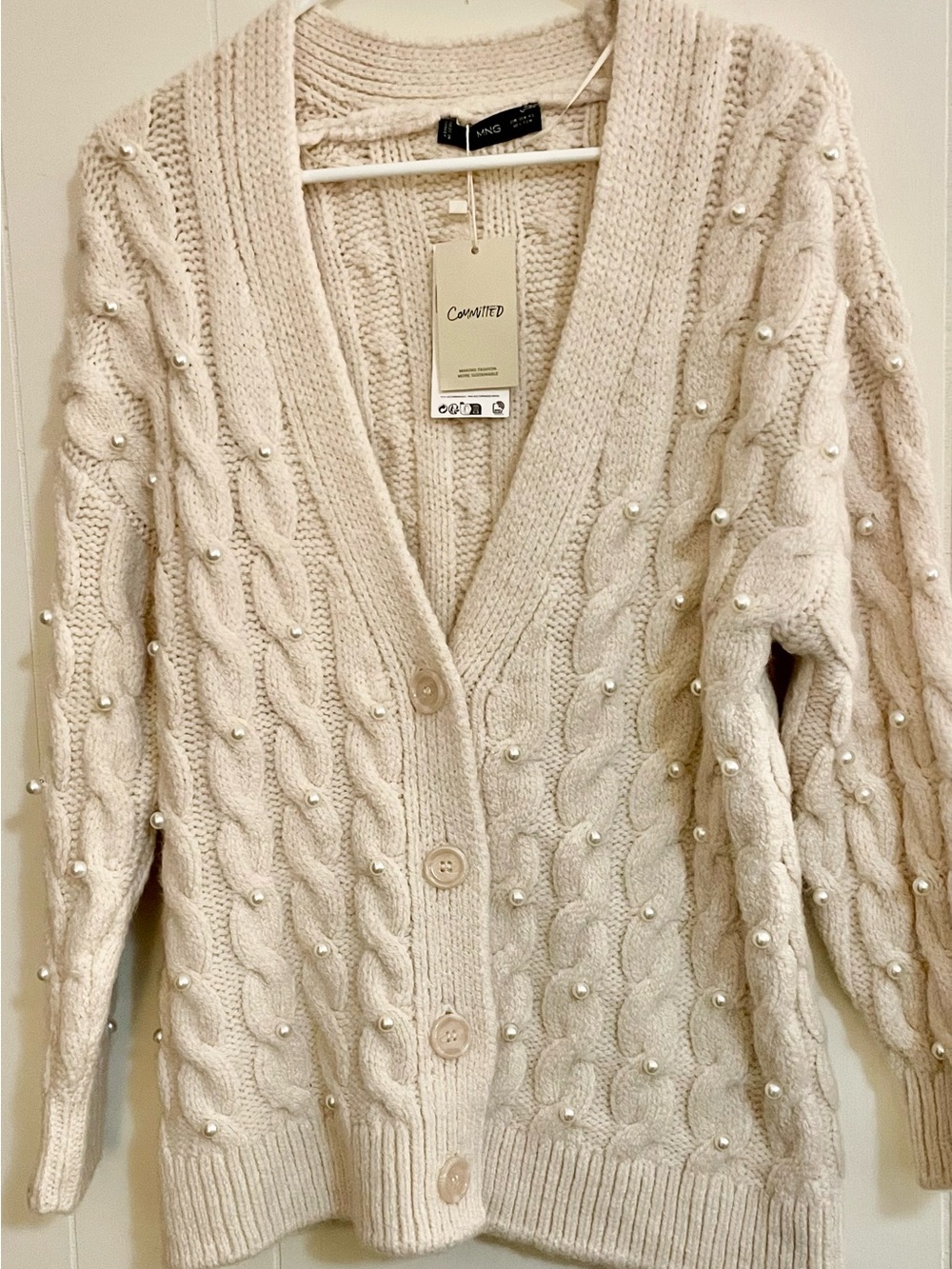 Mango Cream Cable-Knit Cardigan with Pearl Embellishments